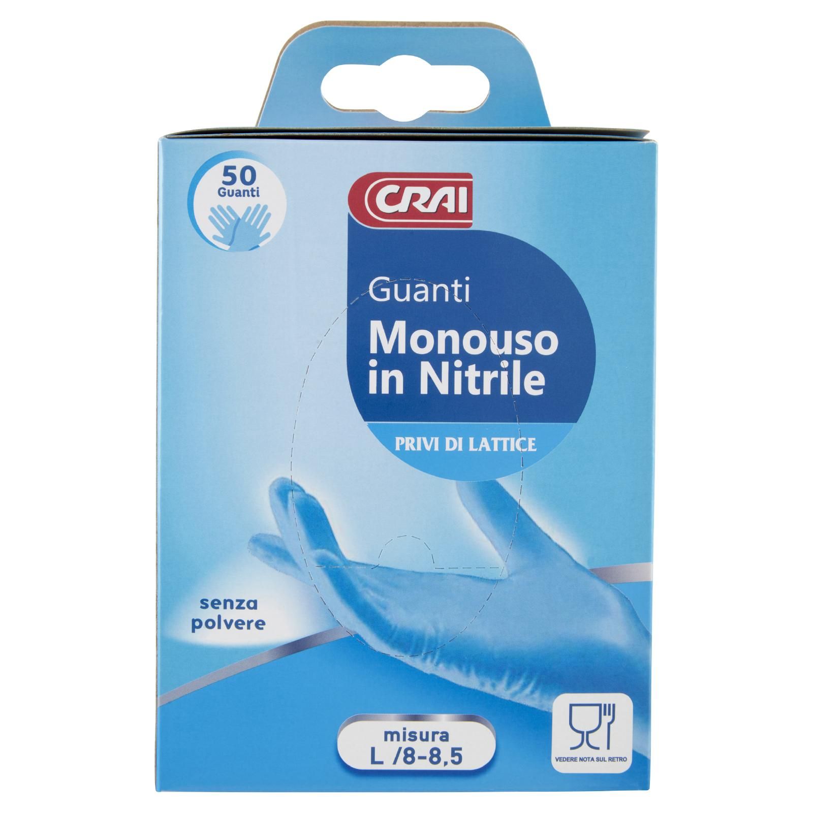 Crai Guanti Monouso in Nitrile Privi Di Lattice Misura L /8-8,5 50 pz