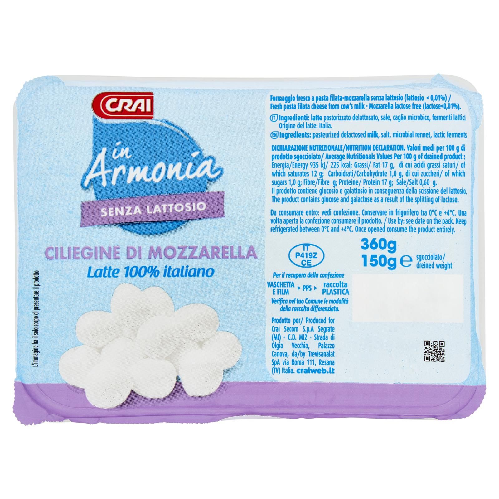 Crai in Armonia Ciliegine di Mozzarella Senza Lattosio 150 g