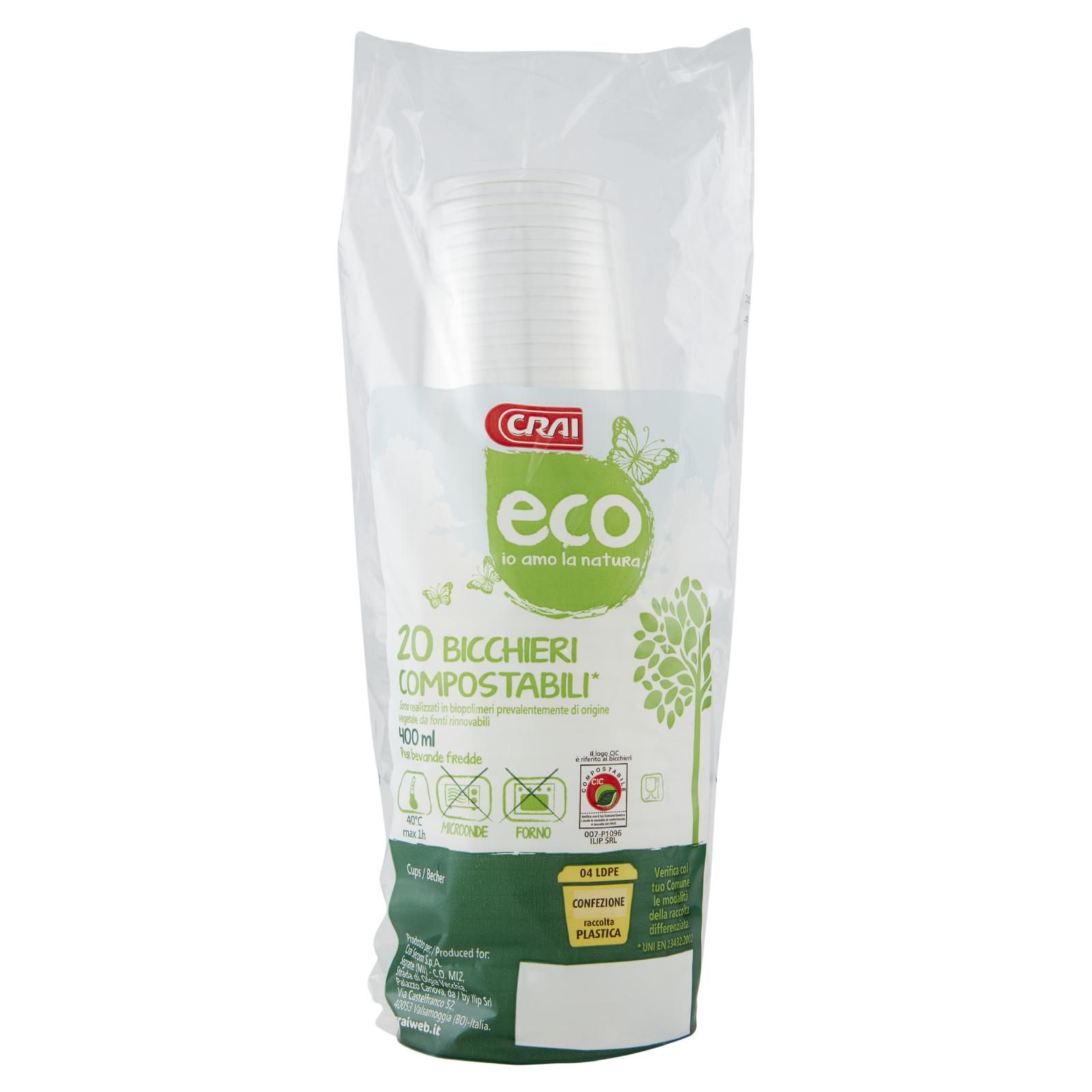 Crai eco Bicchieri Compostabili* 400 ml 20 pz