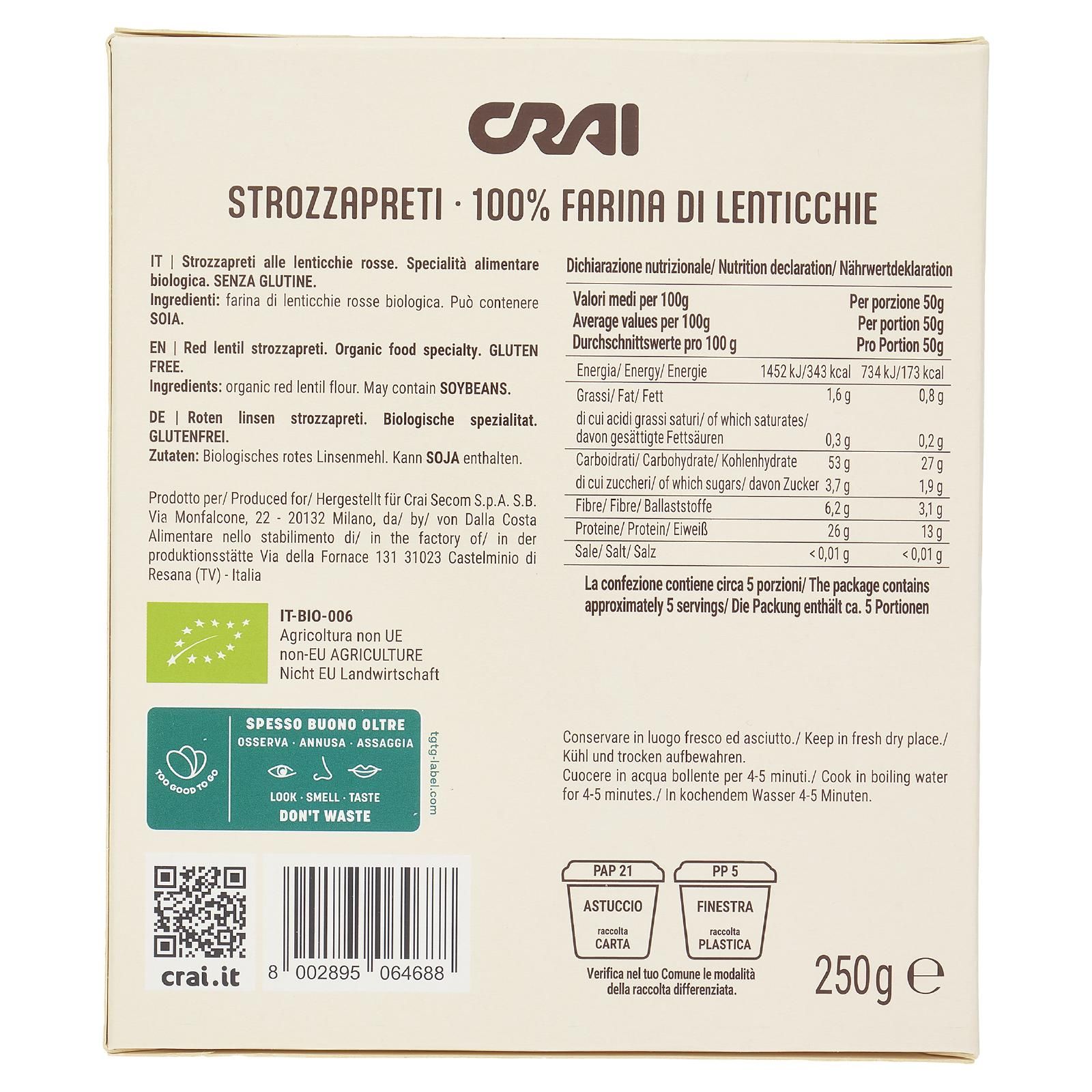 Crai Strozzapreti Di Lenticchie Rosse 250 g