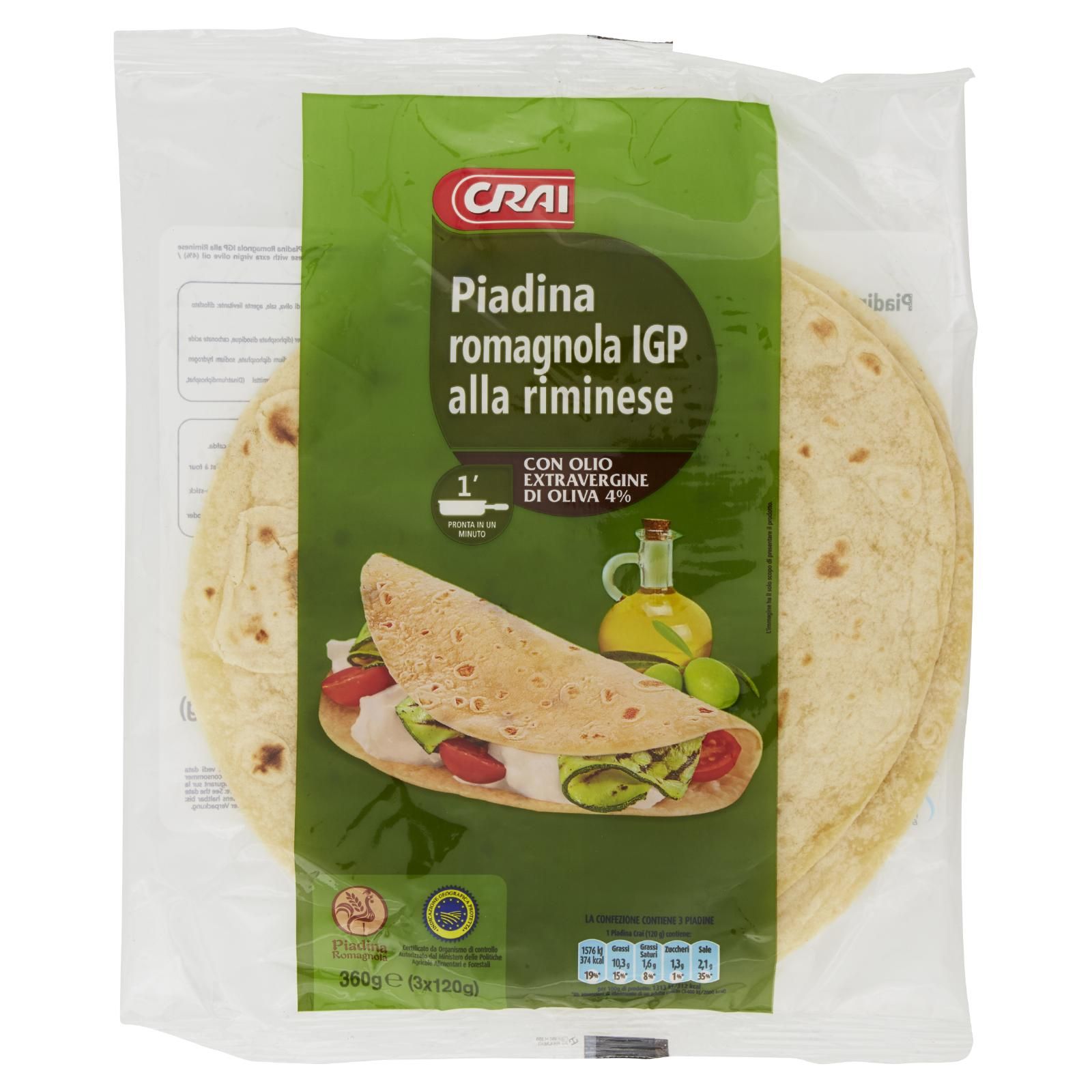 Crai Piadina romagnola IGP alla riminese Con Olio Extravergine Di Oliva 4% 3 x 120 g