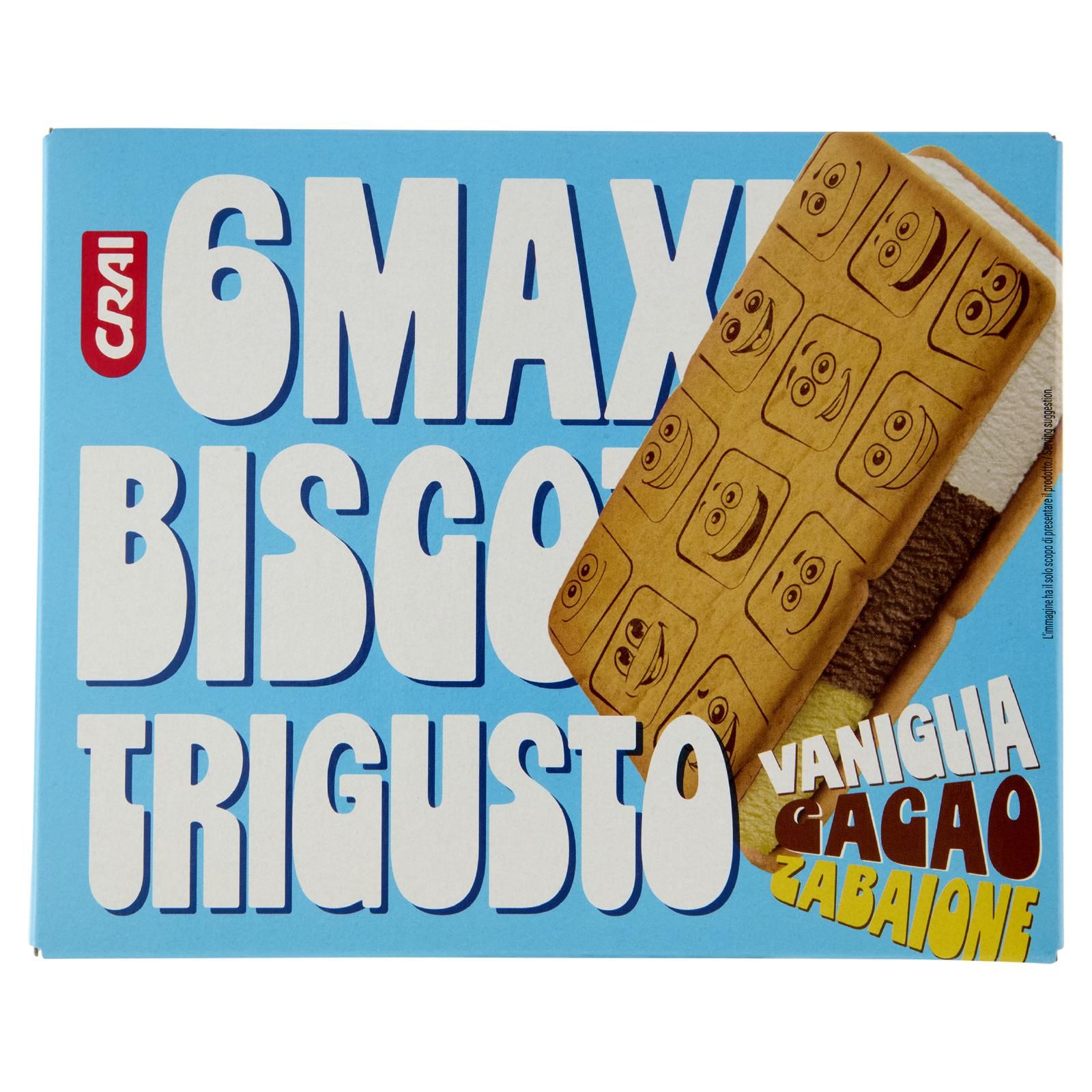 Crai 6 Maxi Biscotto Trigusto Vaniglia, Cacao, Zabaione 6 x 80 g