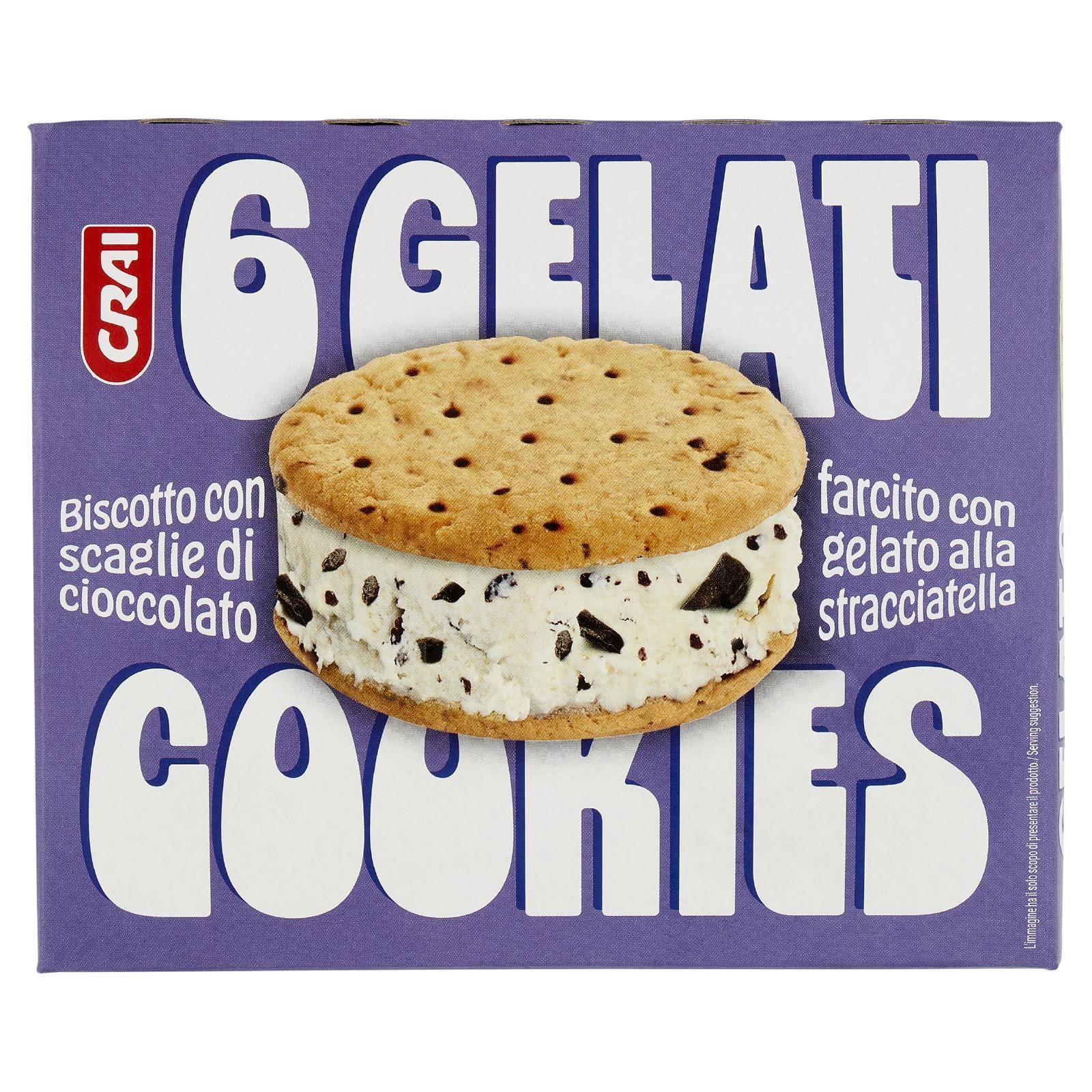 Crai 6 Gelati Cookies Biscotto con scaglie di cioccolato farcito con gelato alla stracciatella 6x48g