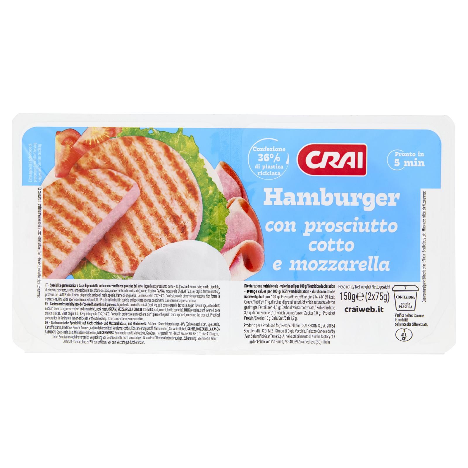 Crai Hamburger con prosciutto cotto e mozzarella 2 x 75 g