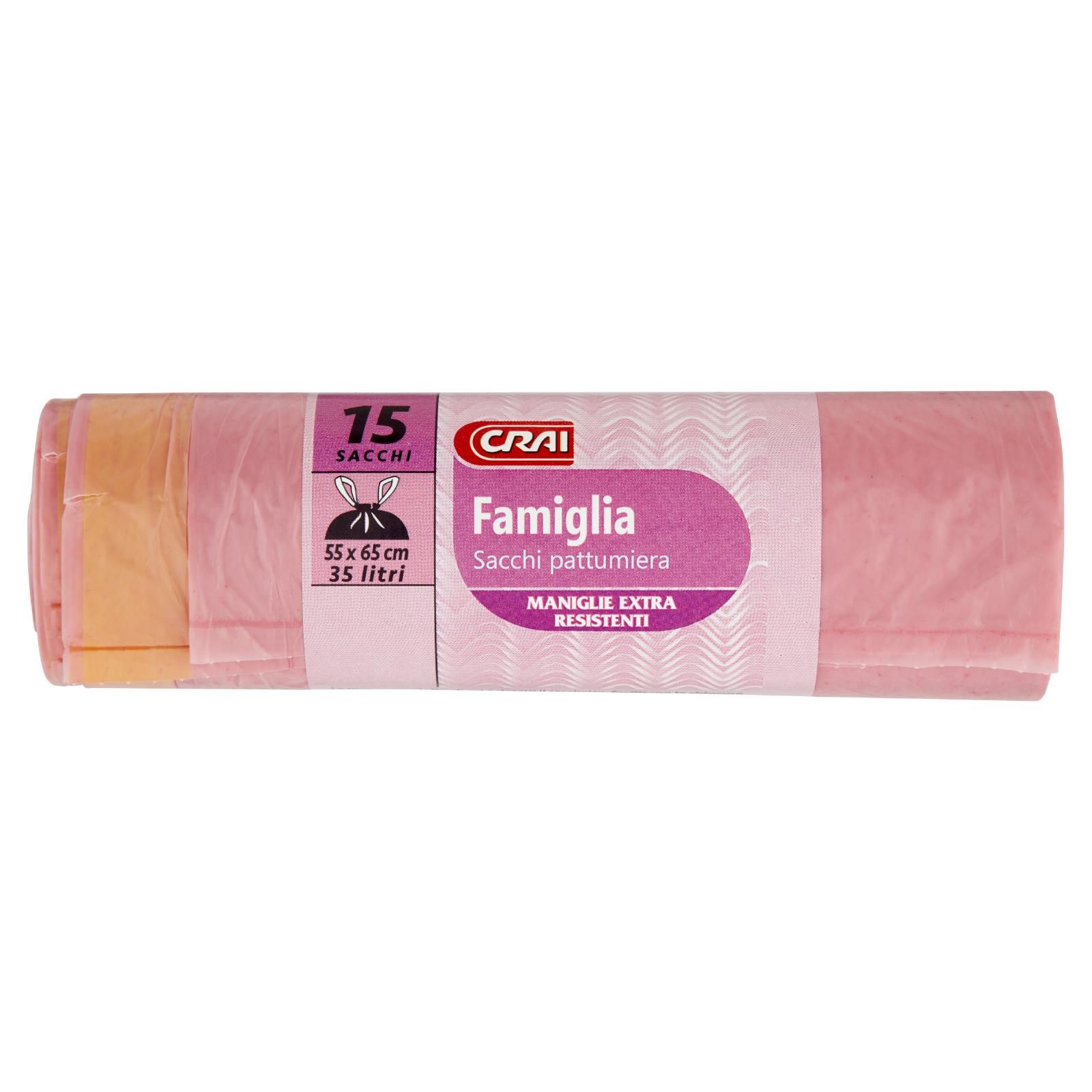Crai Sacchi pattumiera Famiglia Maniglie Extra Resistenti 55 x 65 cm 35 litri 15 pz