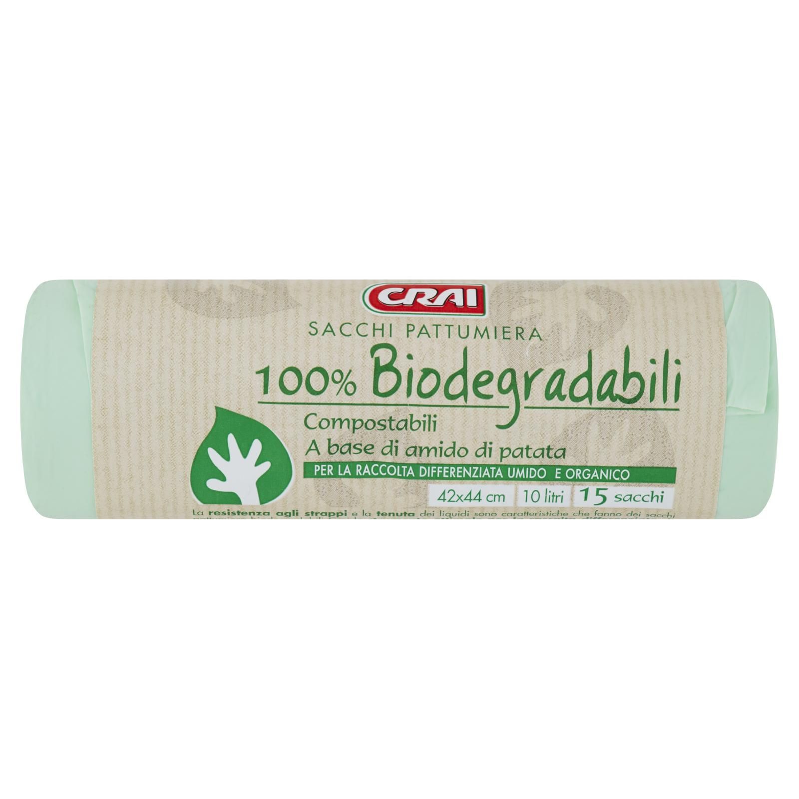 Crai Sacchi Pattumiera 100% Biodegradabili 42x44 cm 10 litri 15 pz