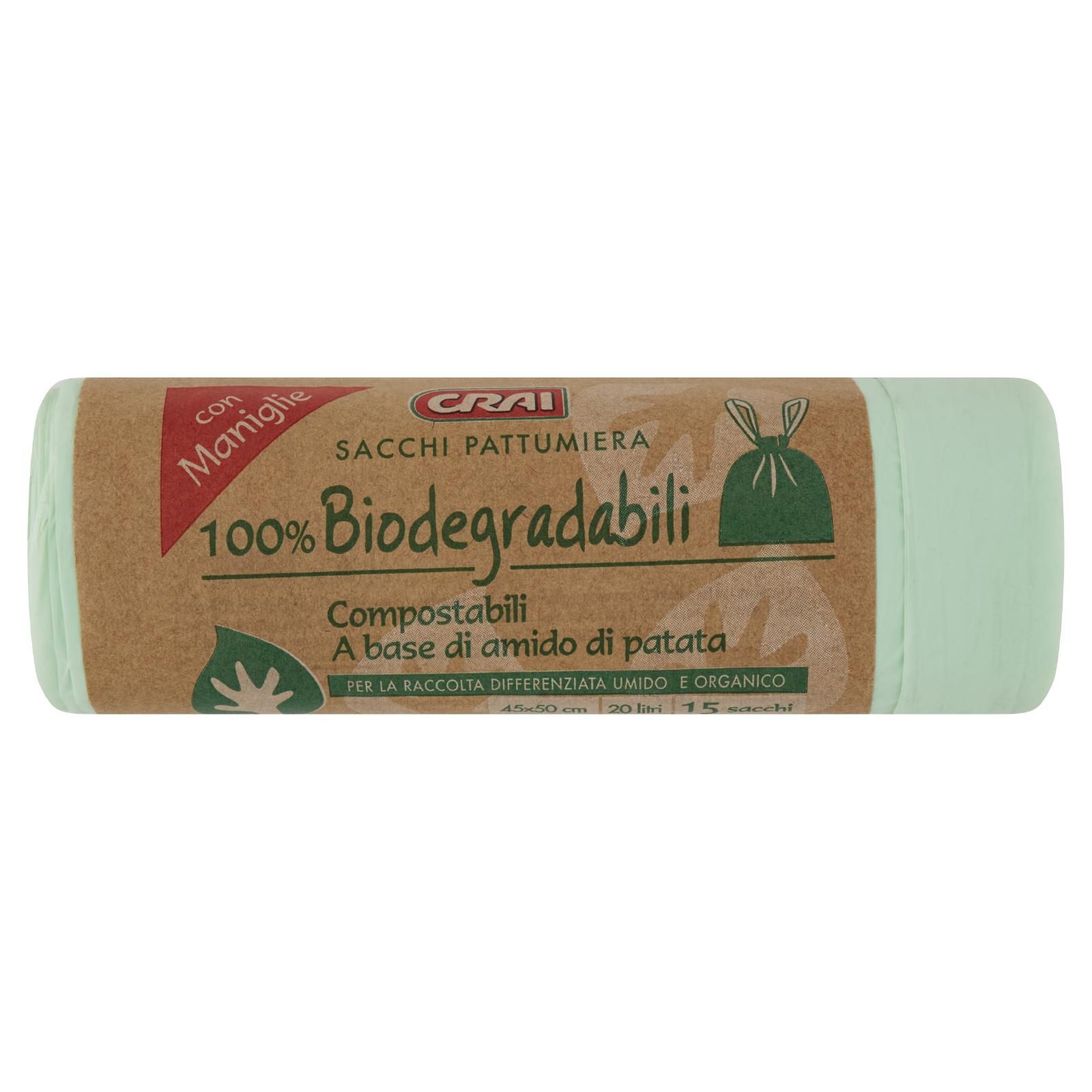Crai Sacchi pattumiera 100% Biodegradabili con Maniglie 45x50 cm 20 litri 15 pz