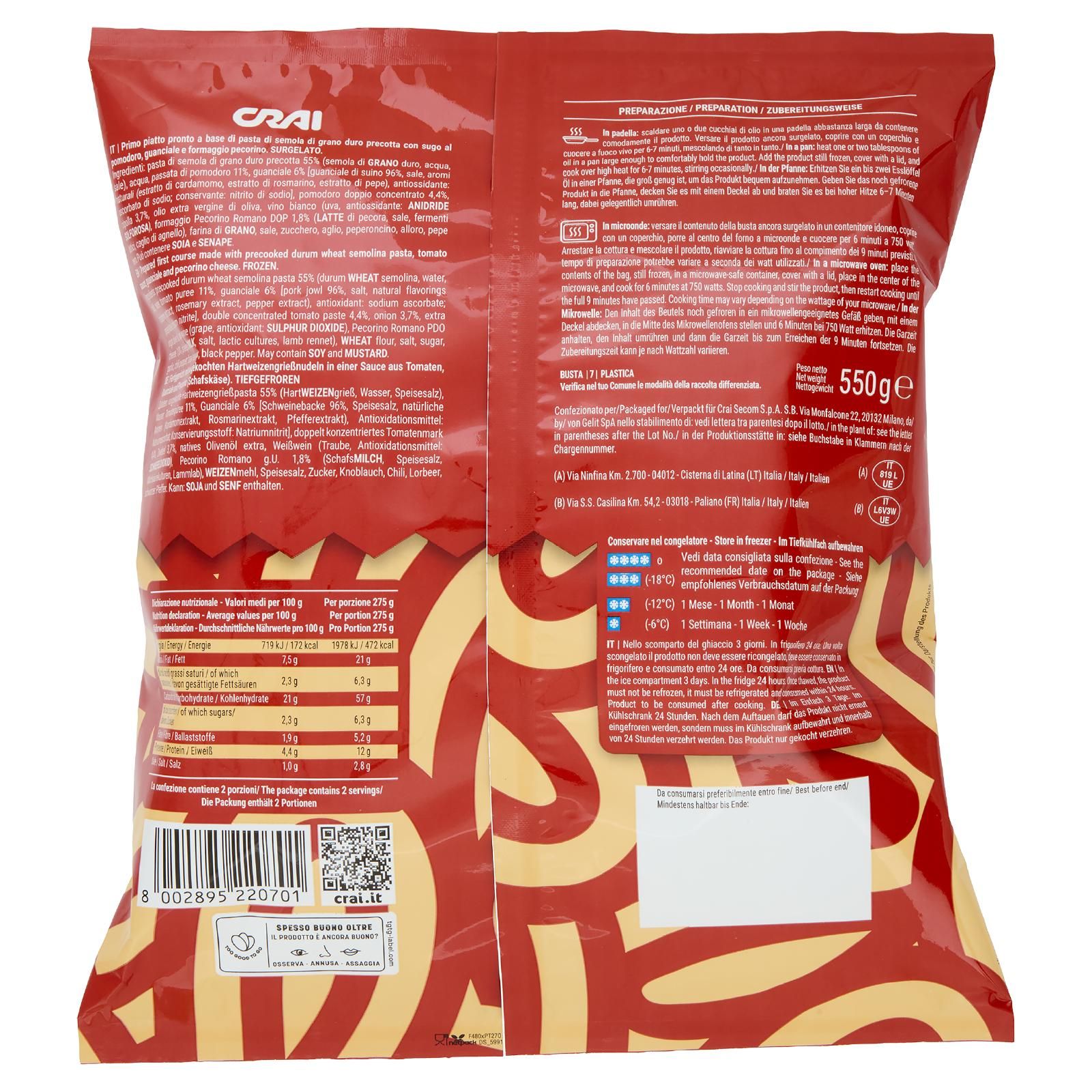 Crai Bucatini alla Amatriciana Surgelati 550 g