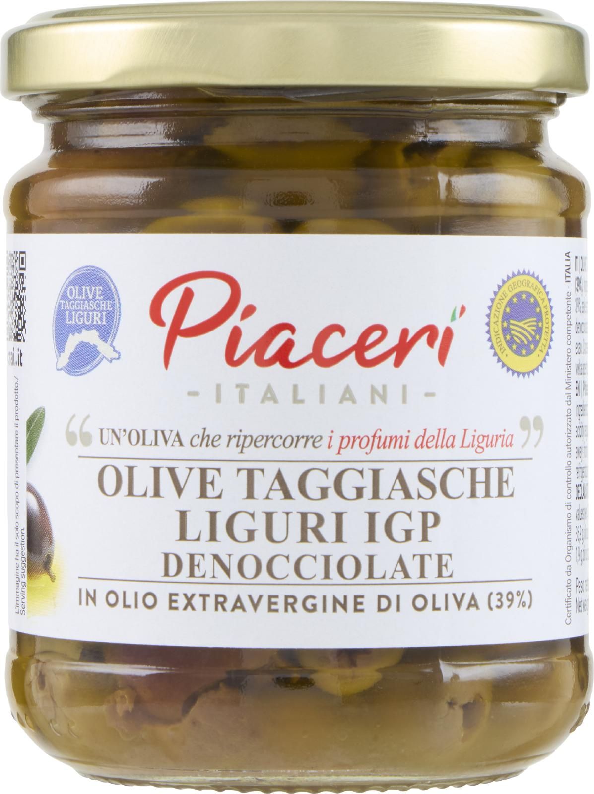 Piaceri Italiani Olive Taggiasche Liguri IGP Denocciolate in Olio Extra Vergine di Oliva 180 g
