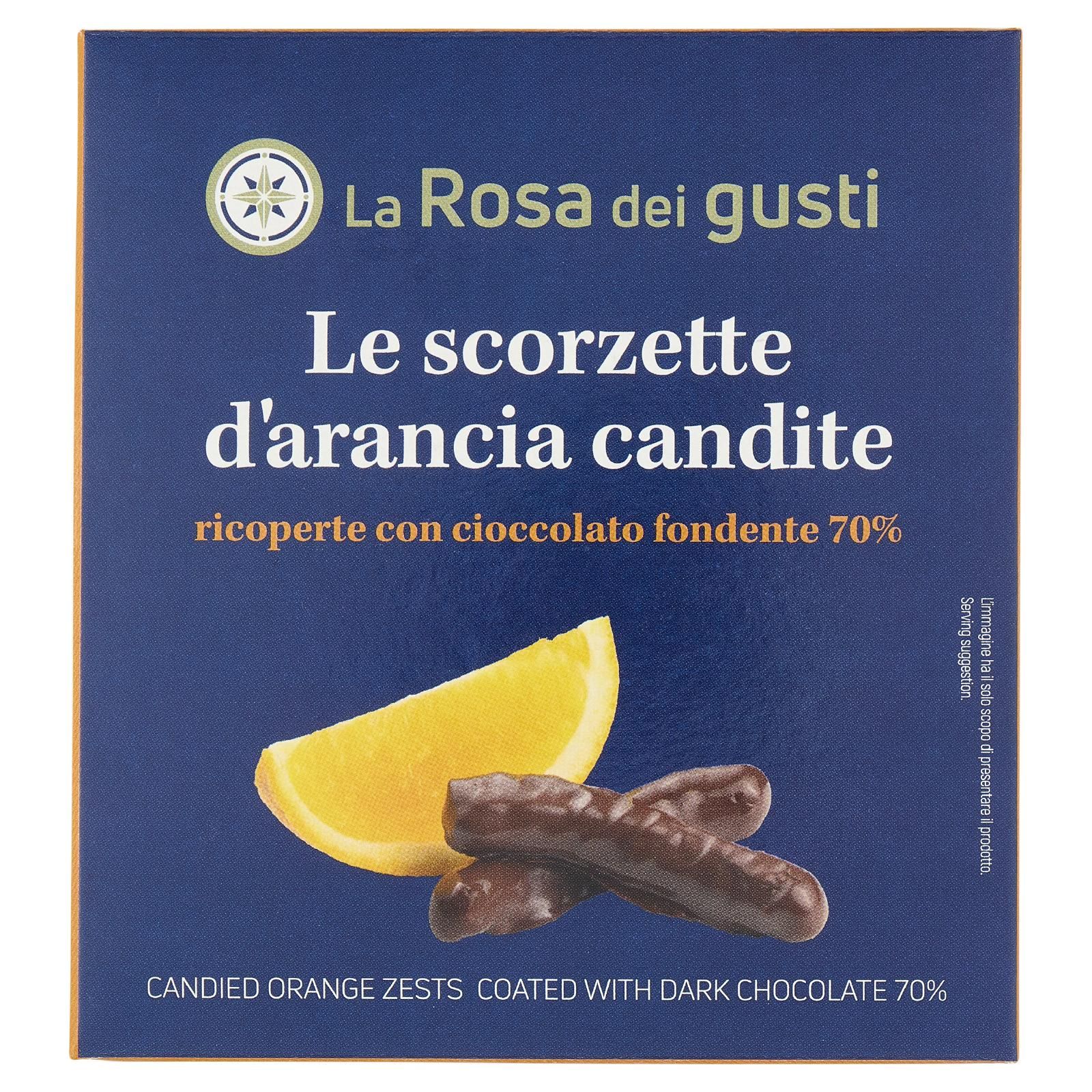 La Rosa dei gusti Le scorzette d'arancia candite ricoperte di cioccolato fondente 70% 100 g
