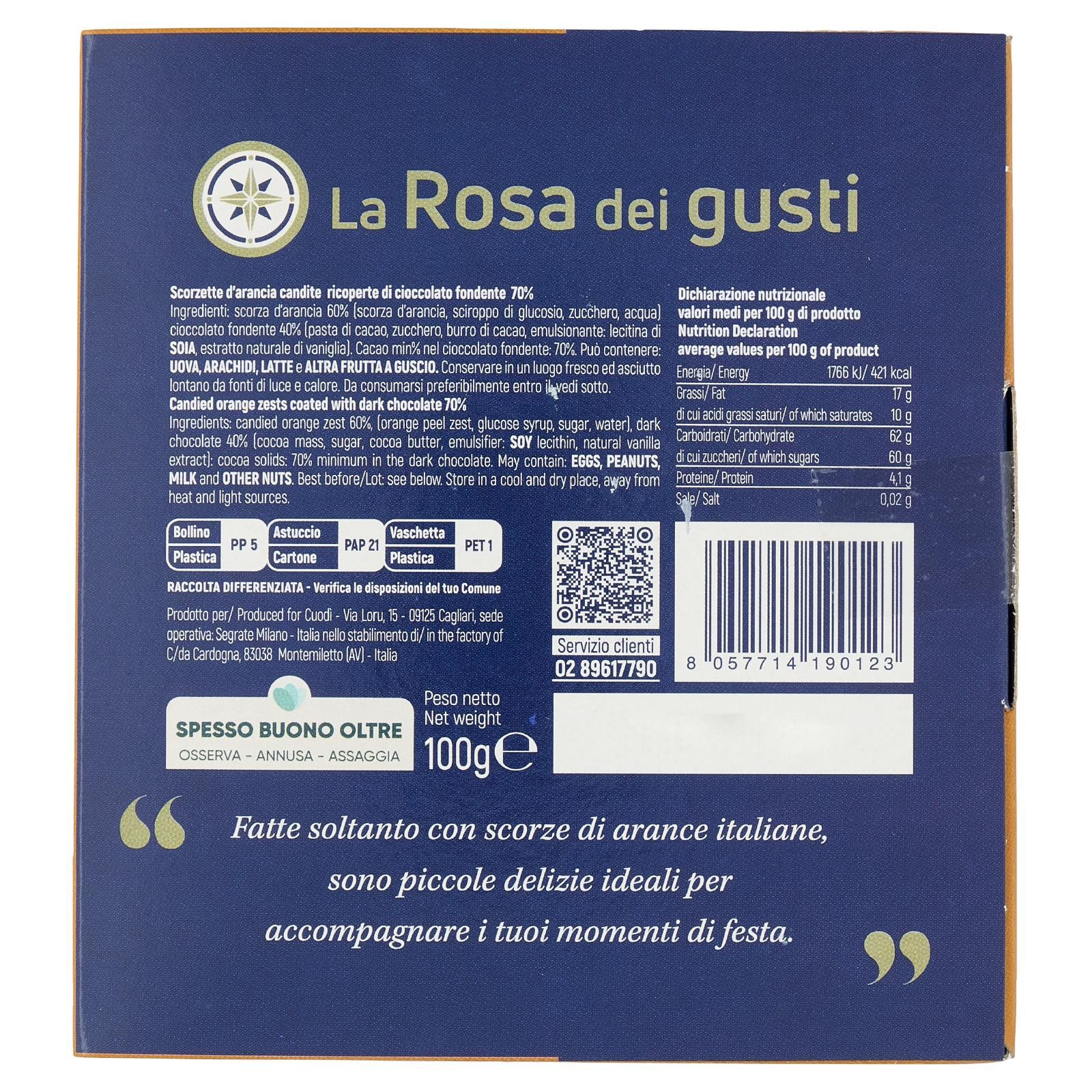 La Rosa dei gusti Le scorzette d'arancia candite ricoperte di cioccolato fondente 70% 100 g