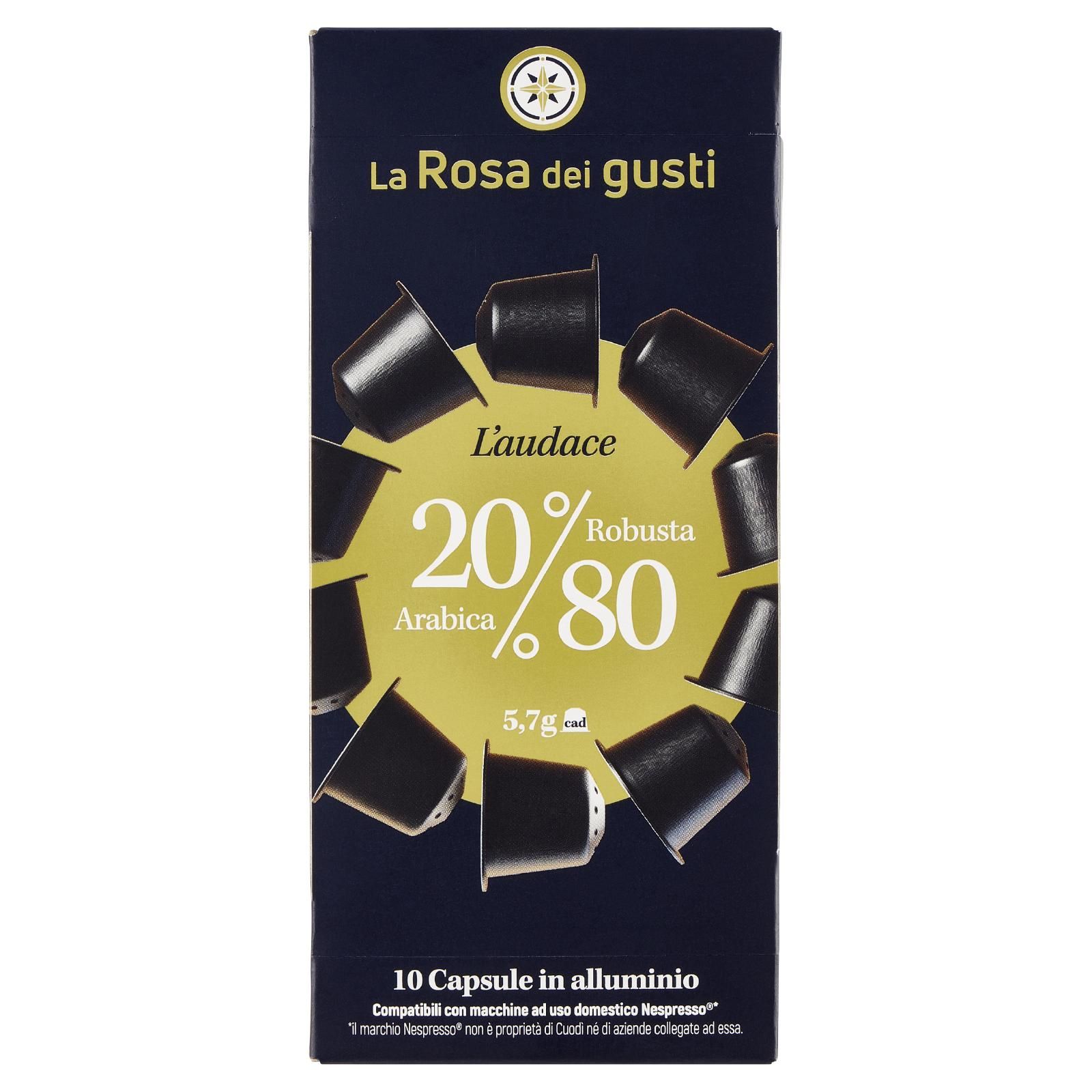 La Rosa dei gusti l'audace 20% Arabica 80% Robusta 10 Capsule in alluminio 10 x 5,7 g